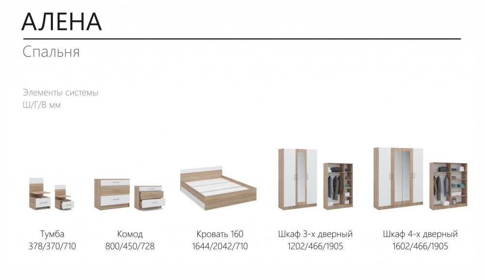 Модульная спальня «Алена» Дуб Сонома/Белый вариант 2 размеры модулей